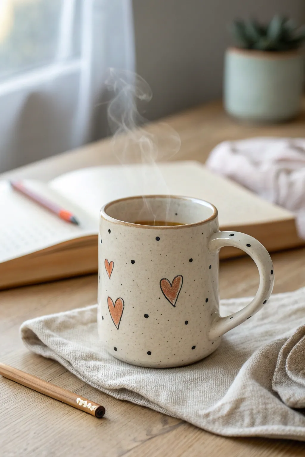 A hand painted ceramic mug with a tiny heart, cozy minimal styling for everyday inspiration.