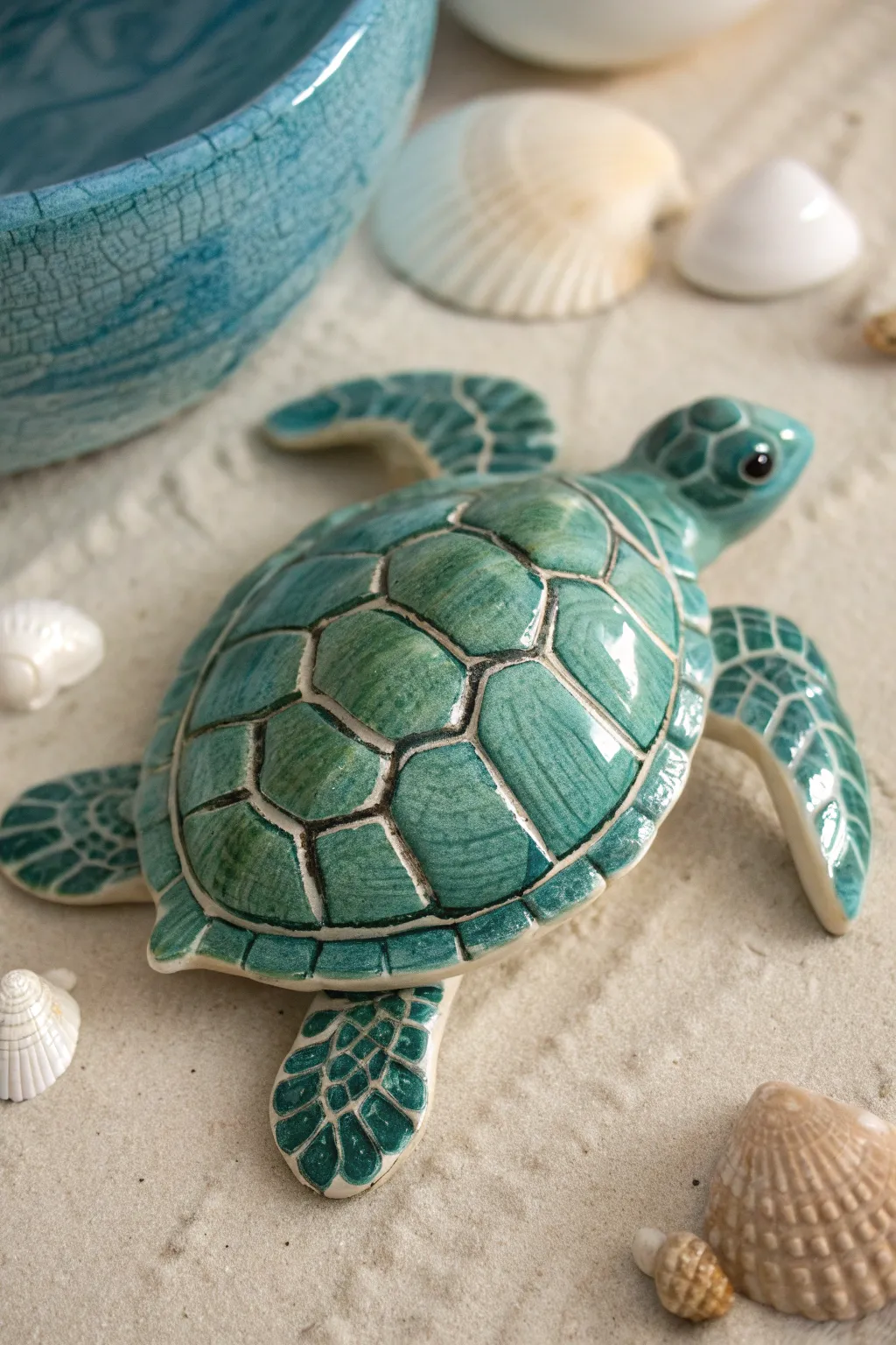 Layered ocean greens and soft shell highlights make this ceramic sea turtle feel lifelike
