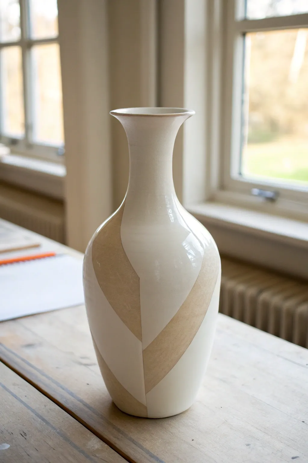 Minimalist ceramic vase color blocking with visible masking tape for crisp, clean edges.
