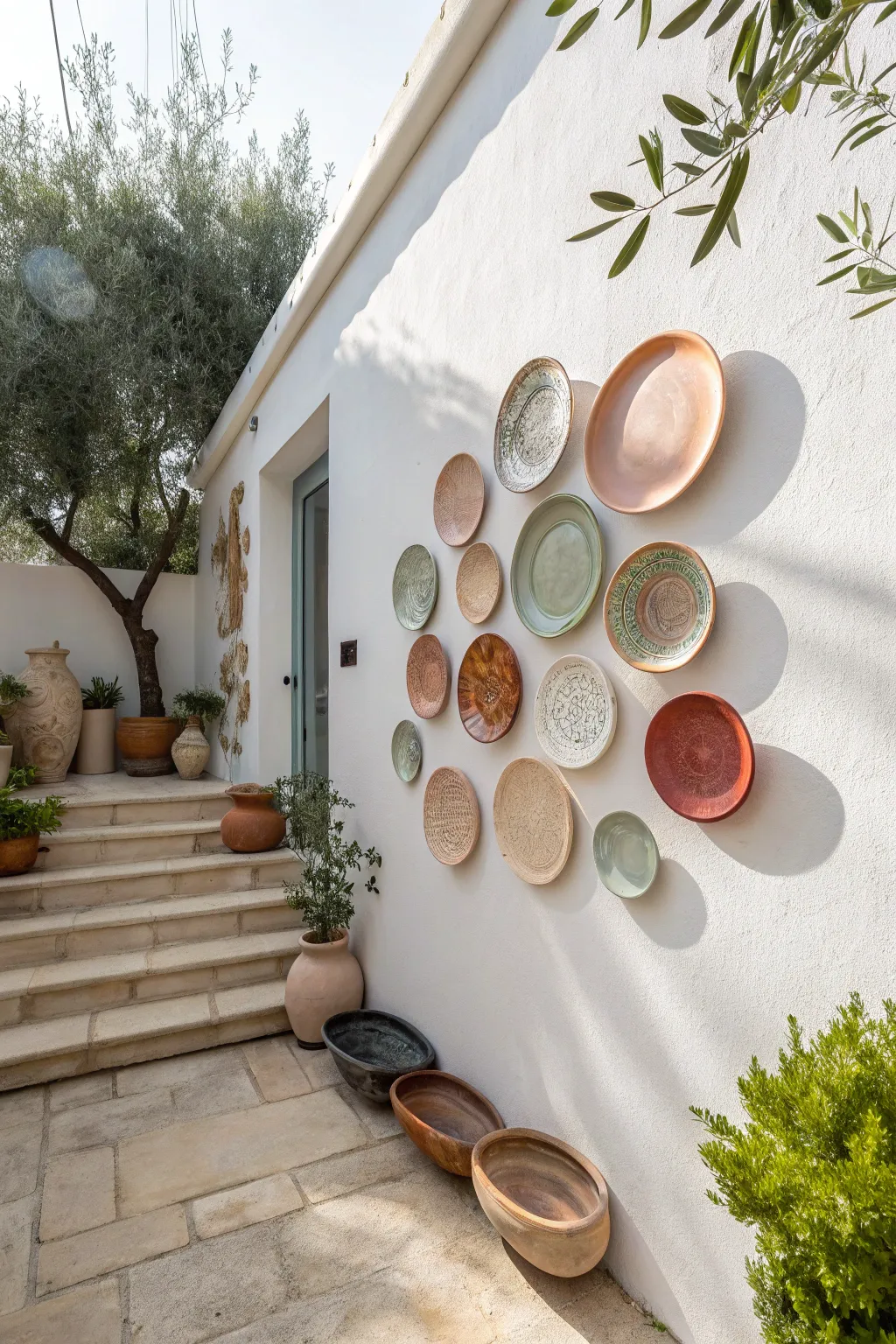 Hand-painted ceramic plates arranged as a minimalist gallery wall, soft shadows, boho calm.