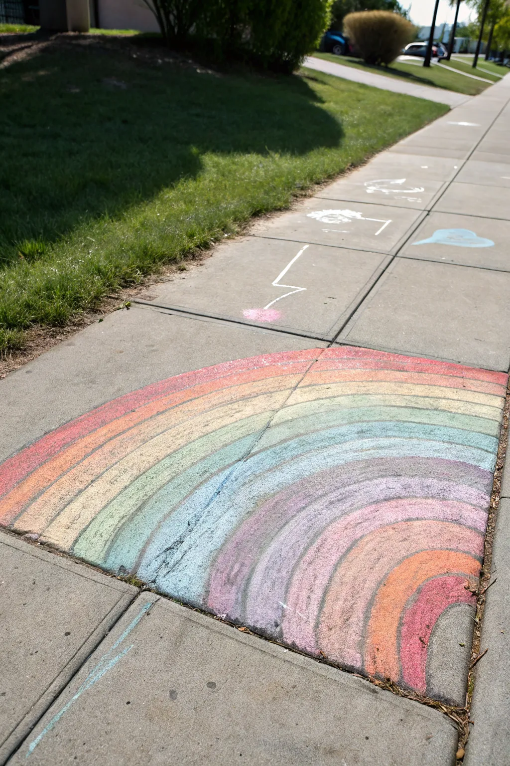 Rainbow chalk arches with bold blending and a soft white highlight line on sunlit concrete.