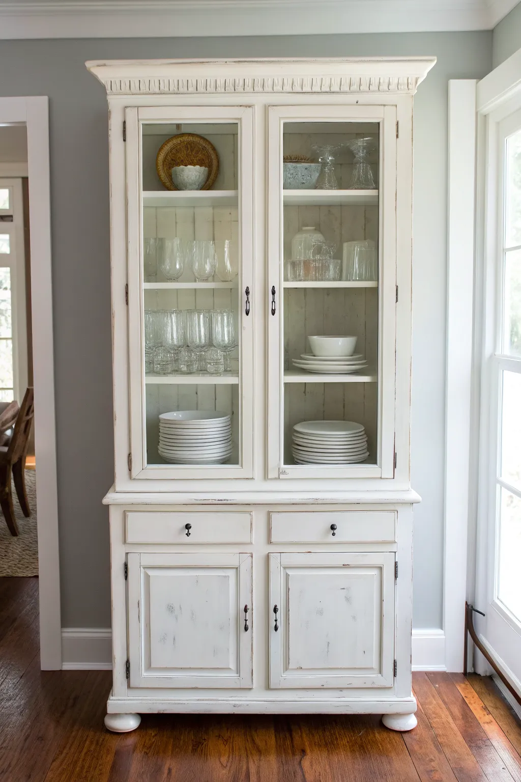 Bright white chalk paint transforms a classic china cabinet into an airy Scandinavian statement.