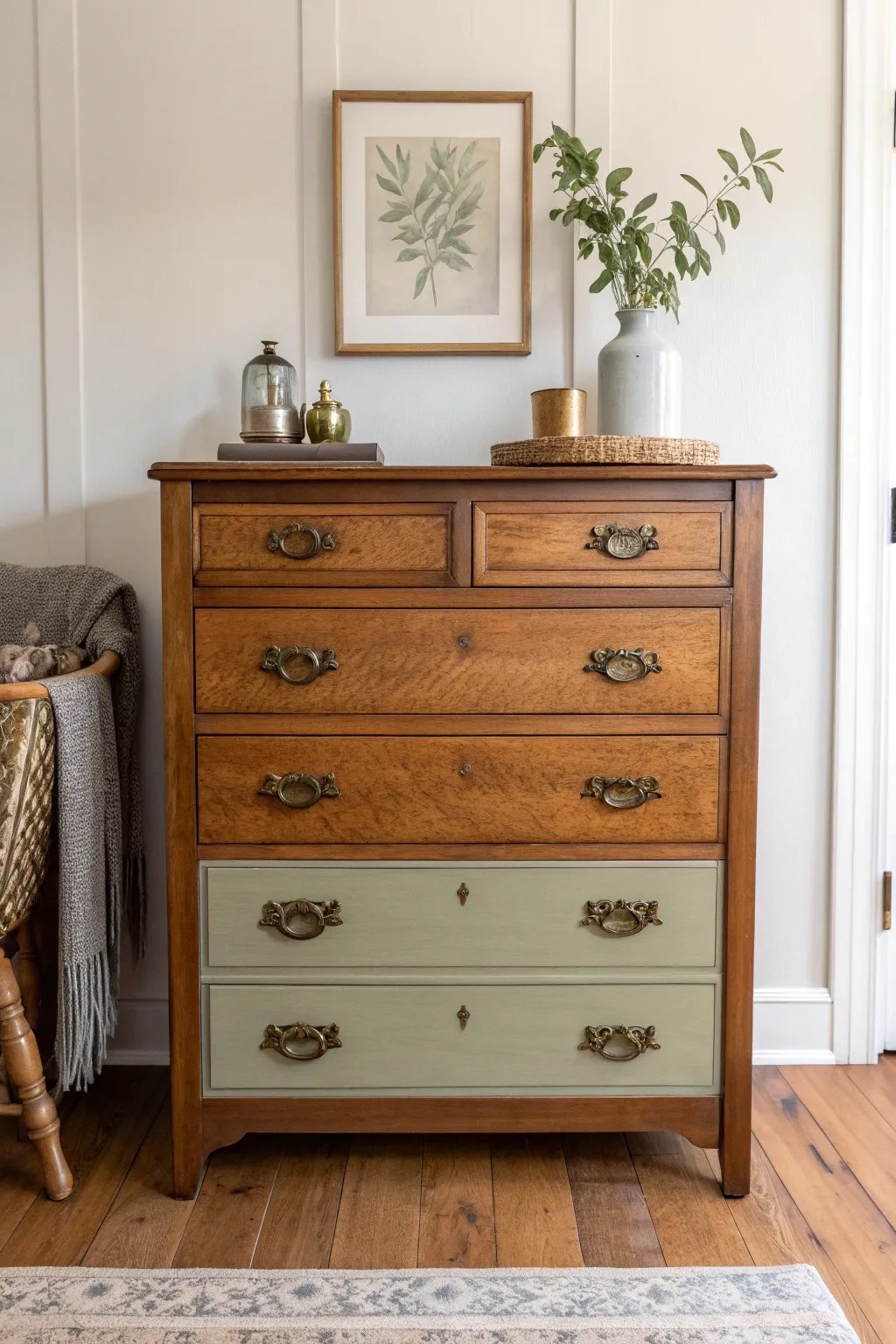 Classic dresser makeover: half glossy, half matte chalk paint, calm color and new hardware