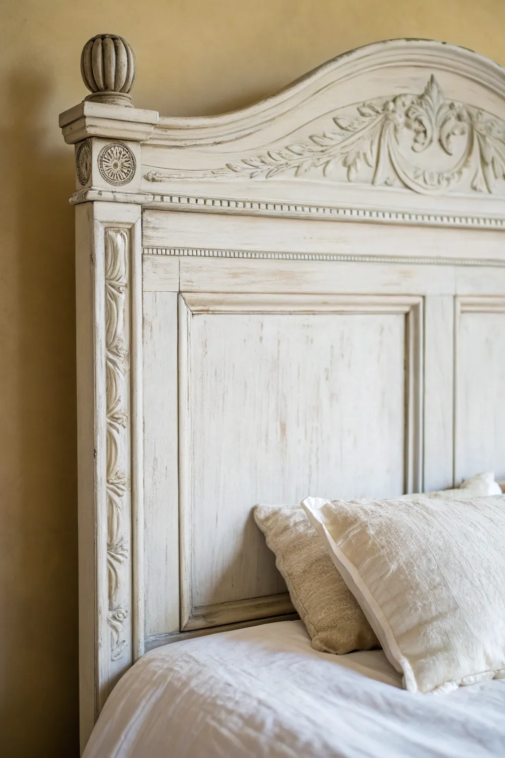 Matte white chalk-painted headboard with soft distressing for a cozy Scandinavian-boho bedroom.