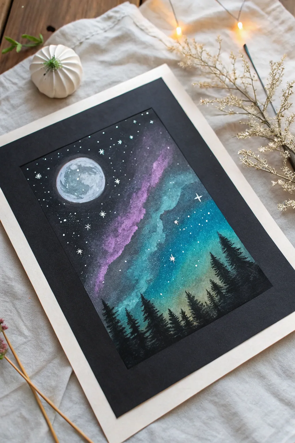 Glowing galaxy chalk pastel on black paper with crisp stars and a soft moon halo