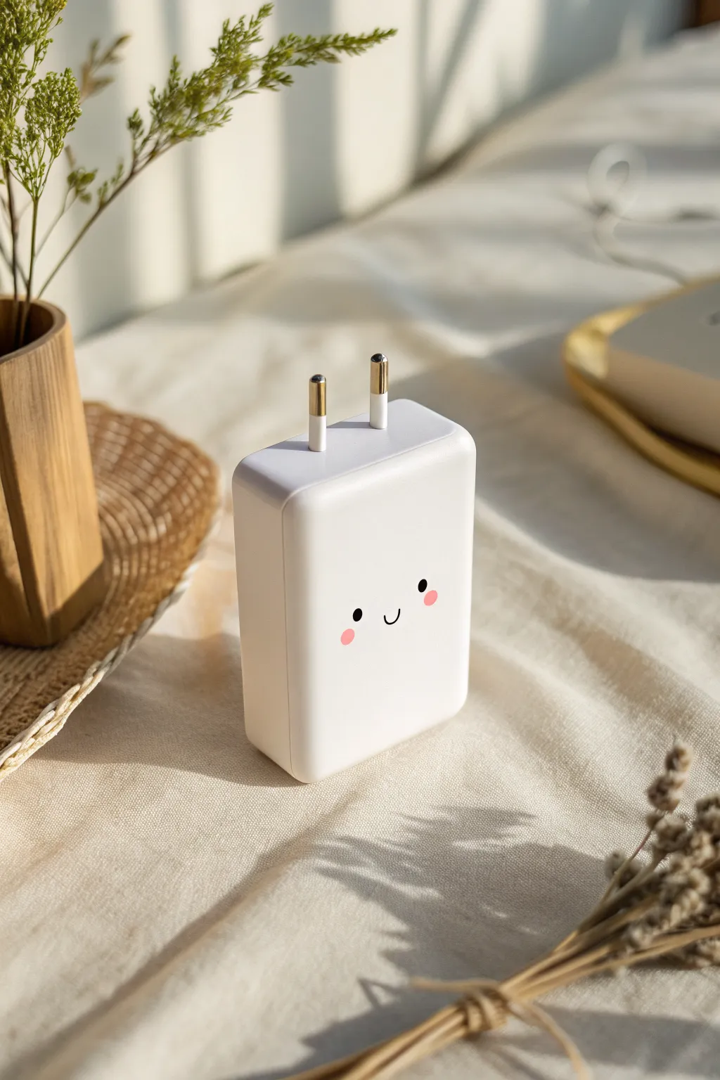 Adorable kawaii face on a charger brick, minimalist doodle idea with clean negative space