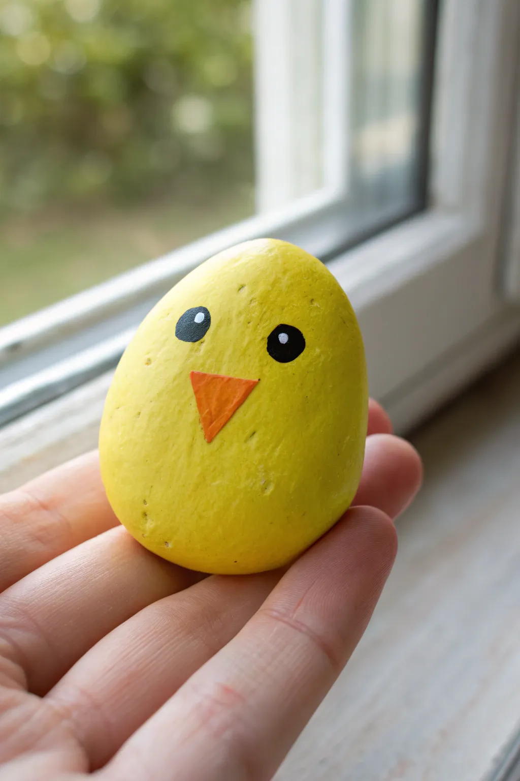 Classic yellow chick rock in your palm, simple dots and beak, a sweet spring painting idea