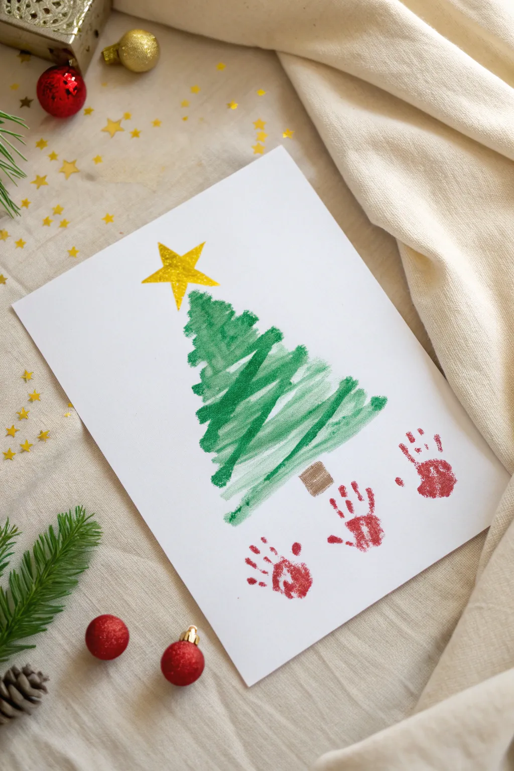 Handprint Christmas tree keepsake on crisp white paper, simple, sweet, and holiday-ready.