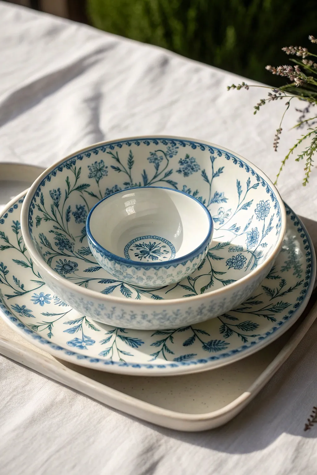 Classic blue-and-white floral rim chip and dip bowl on a clean linen tabletop, artisan and timeless.