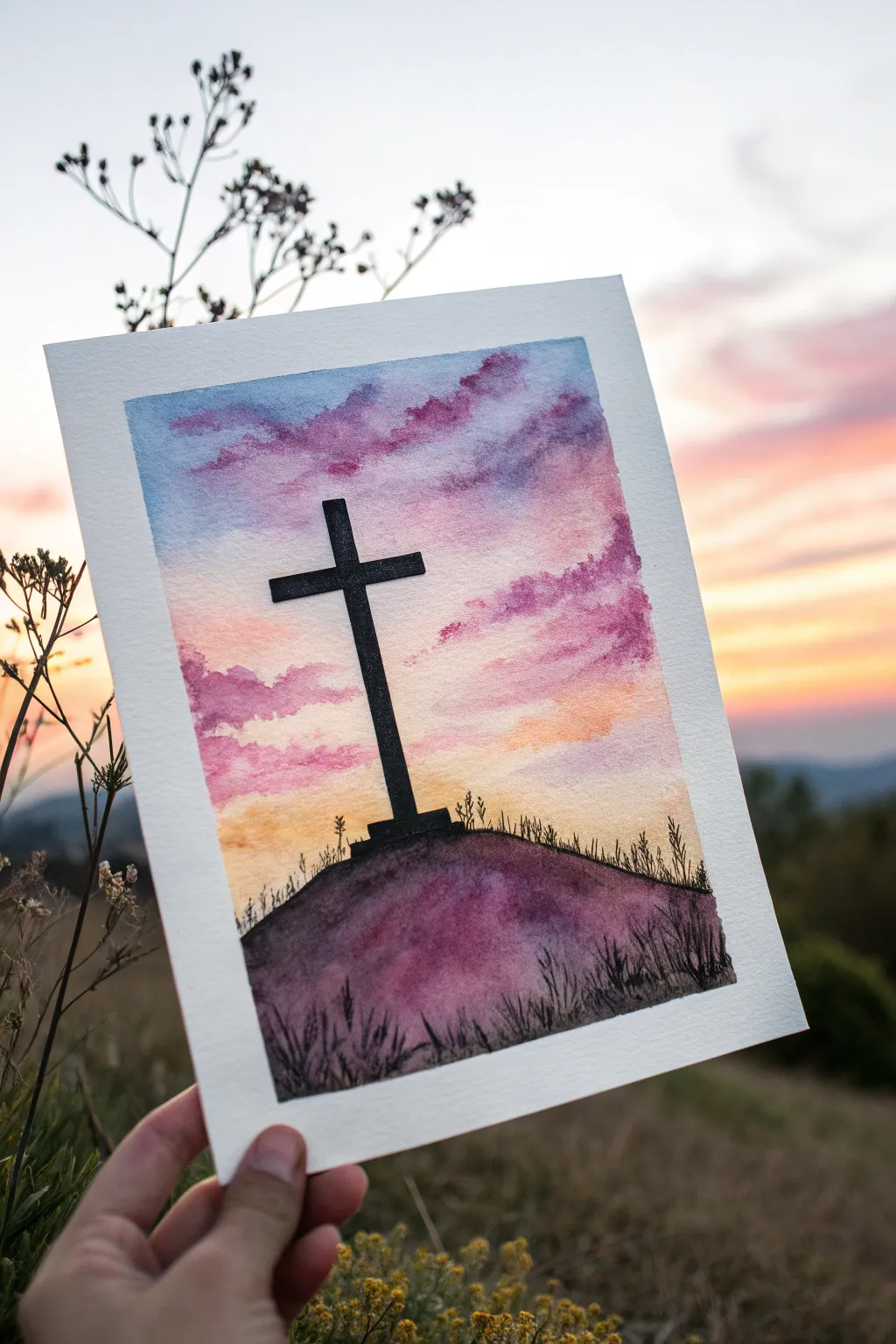 Minimalist sunset cross silhouette with smooth blended skies, bold contrast, calm boho-scandi mood.