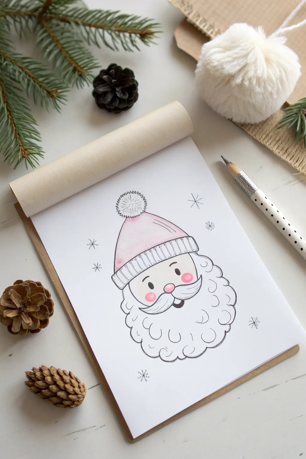 Simple Santa face sketch with clean shapes, fluffy beard, and a tiny blush for cozy charm
