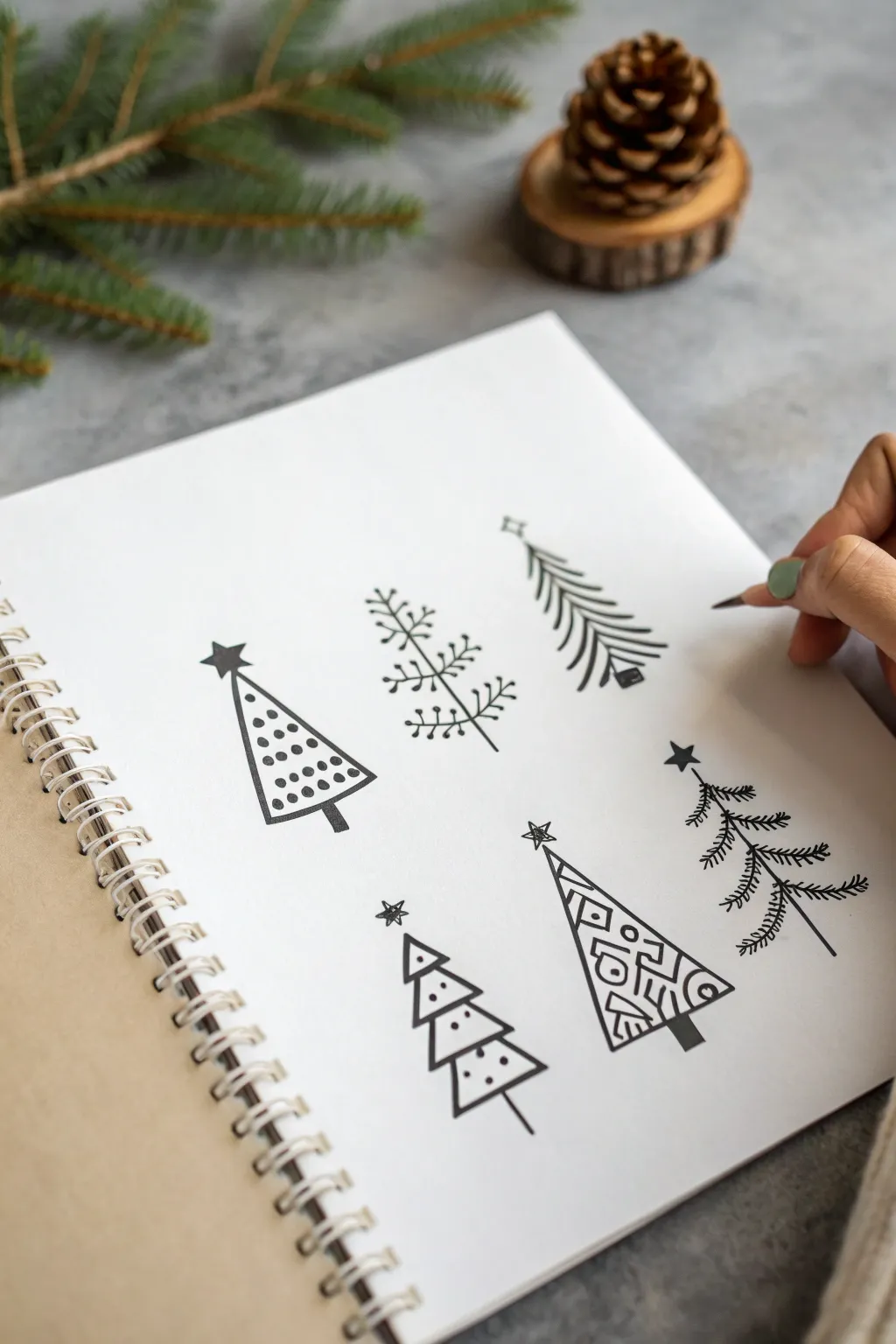 Six simple Christmas tree doodle variations in clean Scandinavian style, perfect for quick sketches.