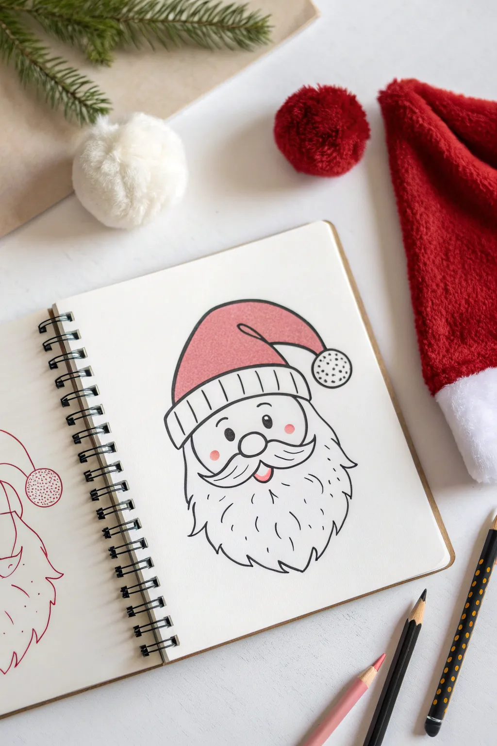 Easy cute Santa face drawing: bold line art plus simple flat colors in a minimalist style