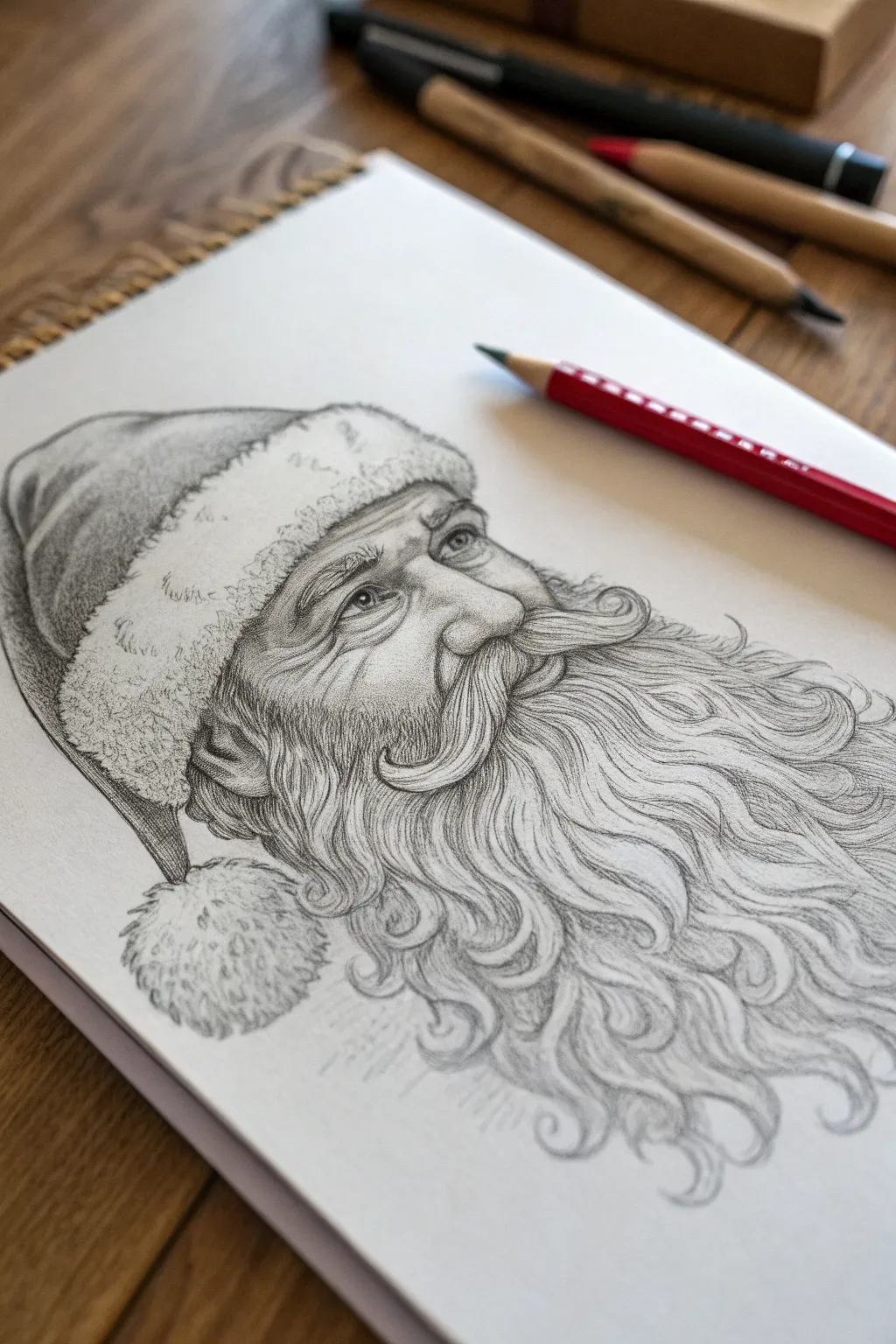 Graphite Santa portrait study with fluffy beard curls and bold side lighting for realistic depth