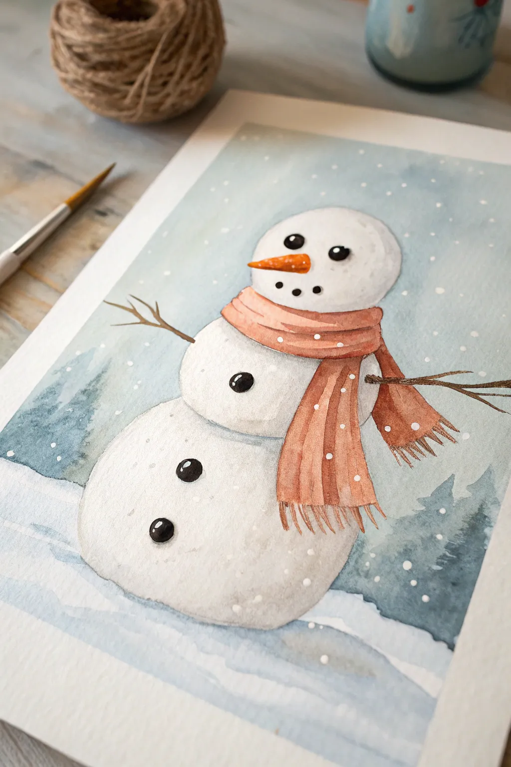 Easy classic snowman: clean circles, soft scarf, and gentle snow specks in minimalist style