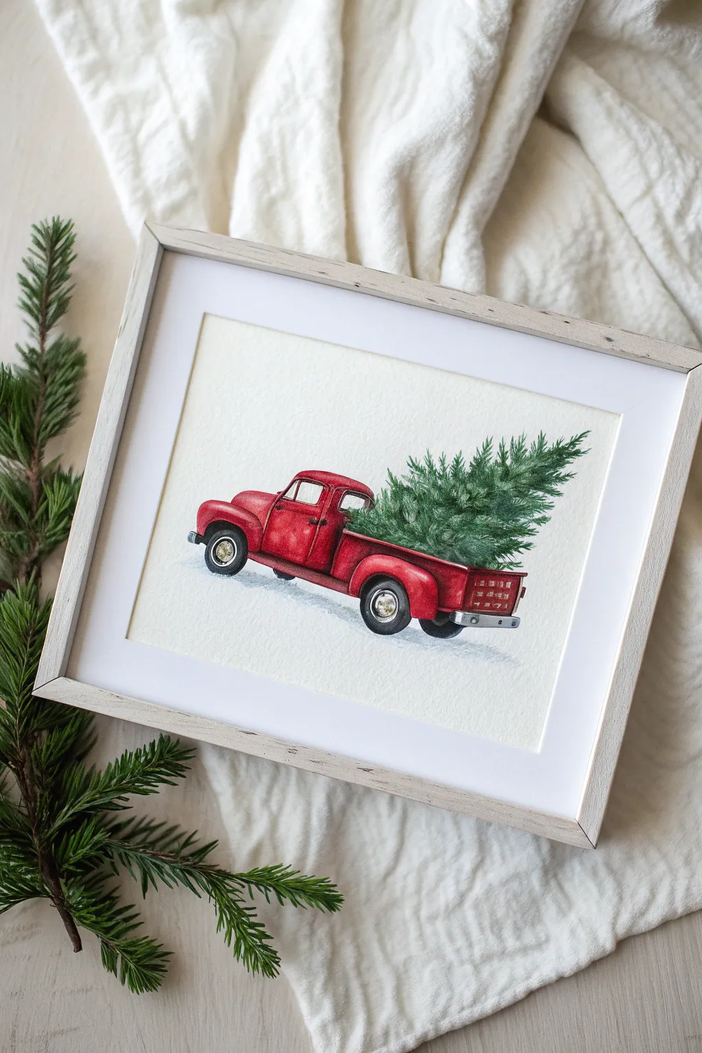 Capture holiday nostalgia with this charming vintage red truck painting idea.