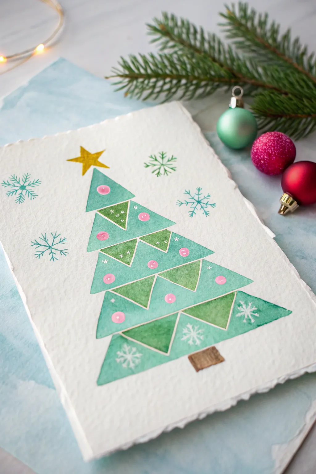 Classic triangle tree painting for kids: simple shapes, bright ornaments, and a soft wash backdrop