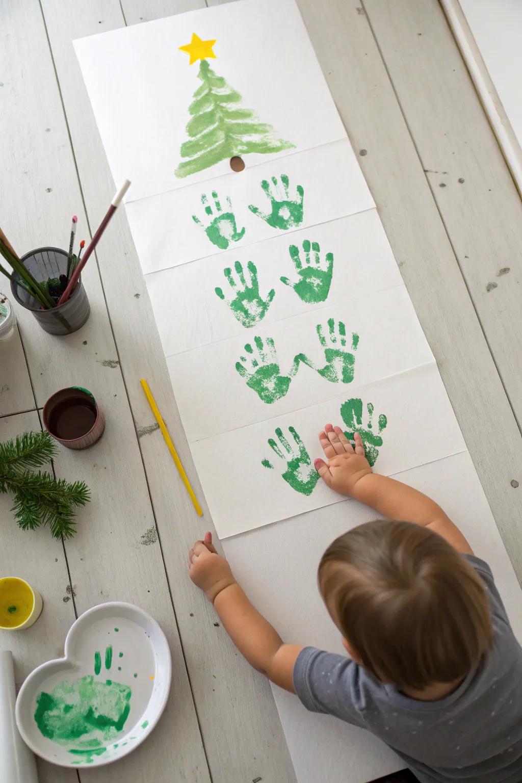 Stack tiny green handprints into a simple Christmas tree, then finish with a bright yellow star.
