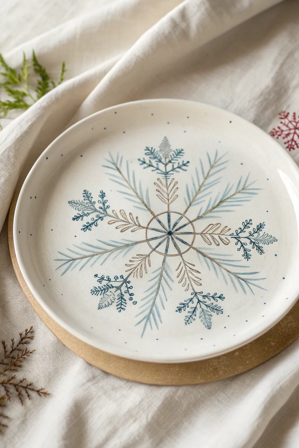 Classic snowflake center plate in icy blues and soft grays, minimalist and beautifully festive.