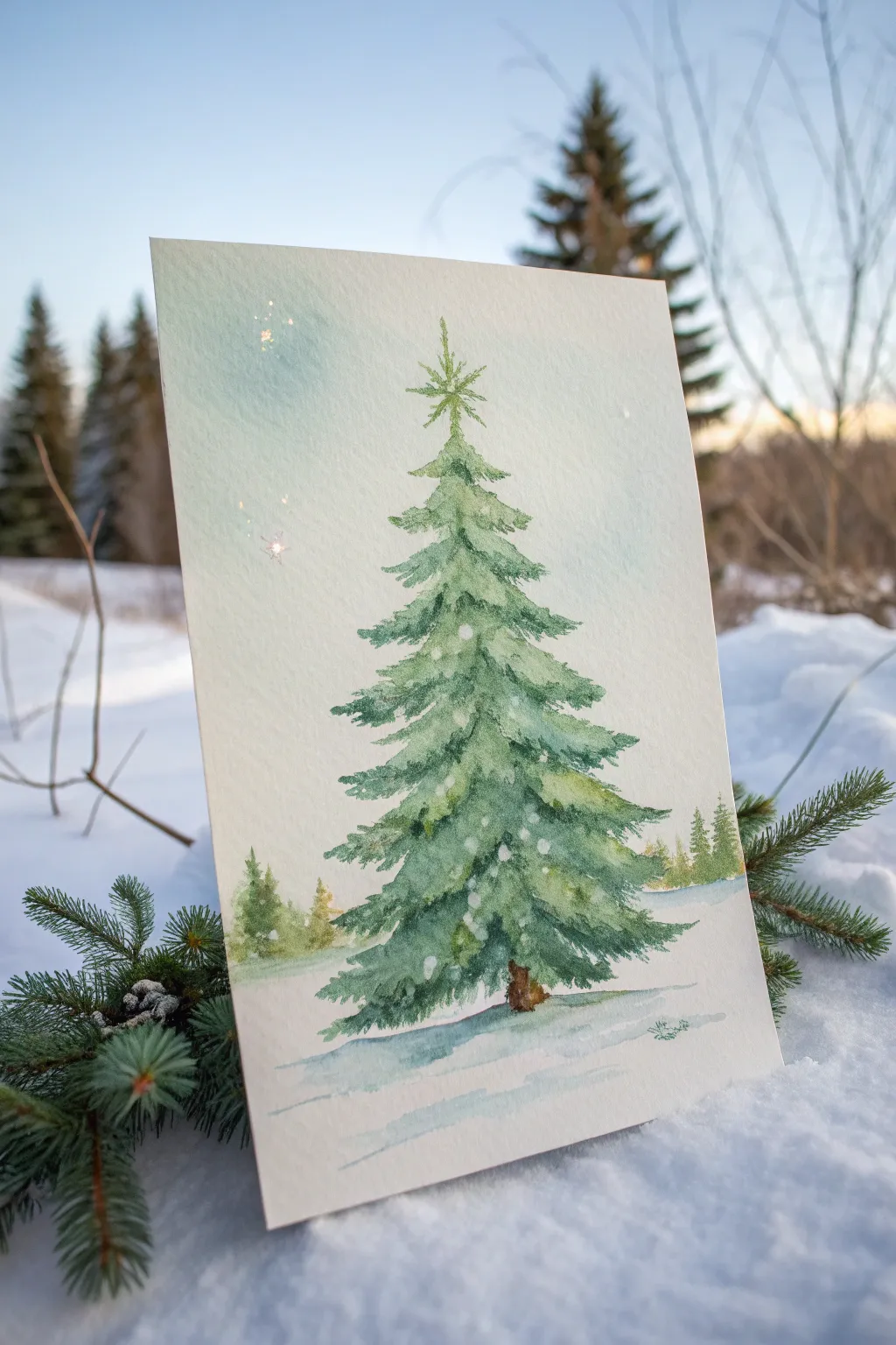 Classic watercolor evergreen with layered greens and a soft winter sky, loose and beginner friendly