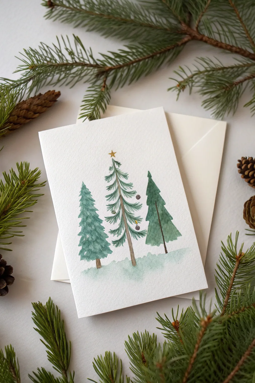 Minimal wet-on-wet evergreen silhouettes in three greens on crisp folded card stock.
