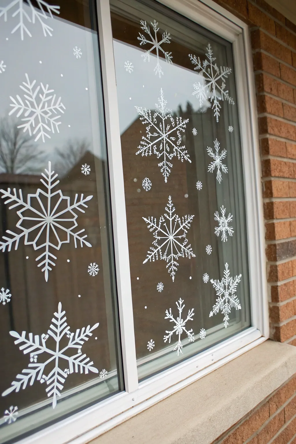Classic white snowflake window art with gentle falling dots, cozy minimalist winter glow.
