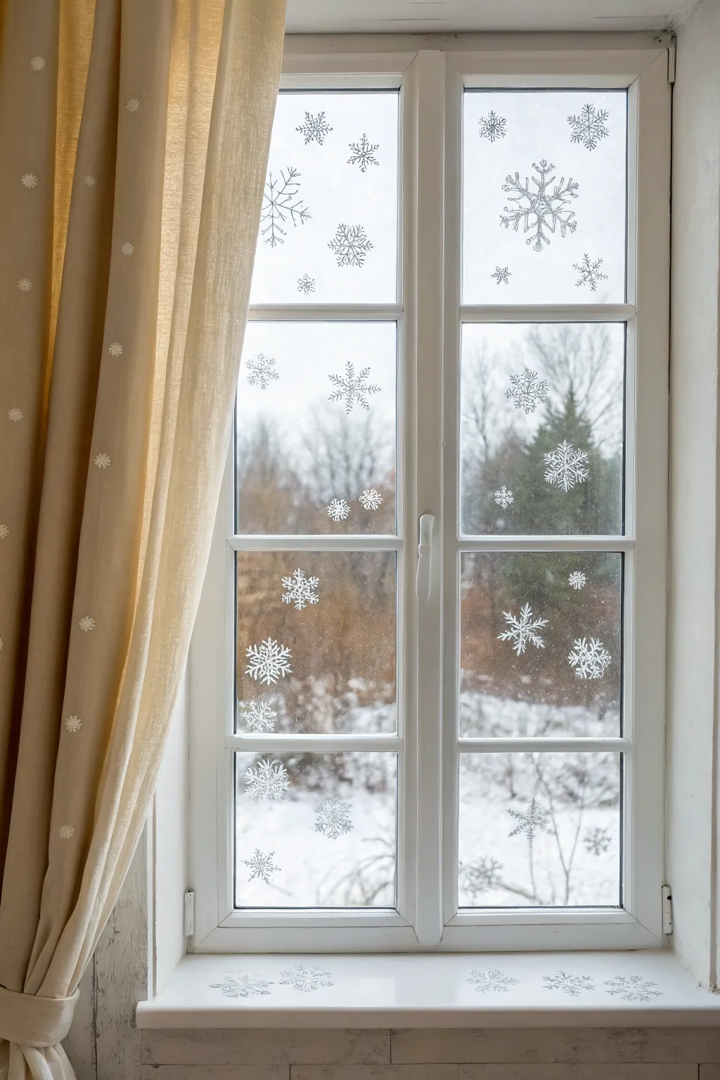 Classic snowflake scatter in crisp white, with airy negative space and a soft sunlit winter glow