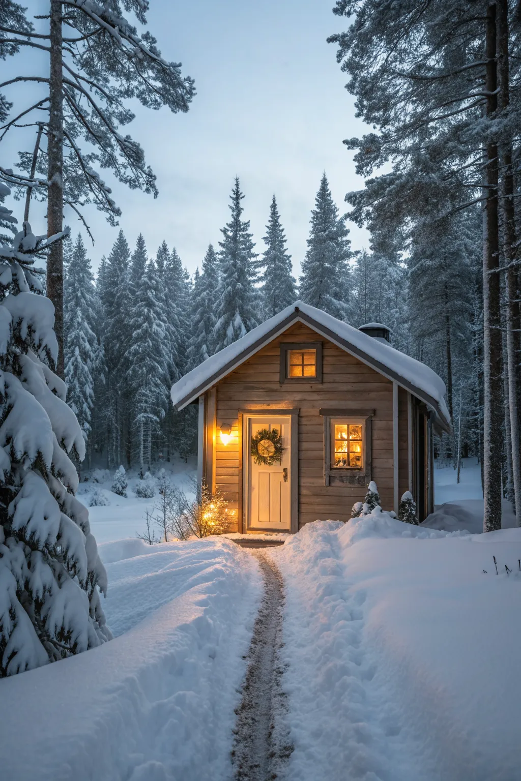 Cozy snowy cabin with warm glowing windows, a simple wreath, and pines framing a quiet winter path