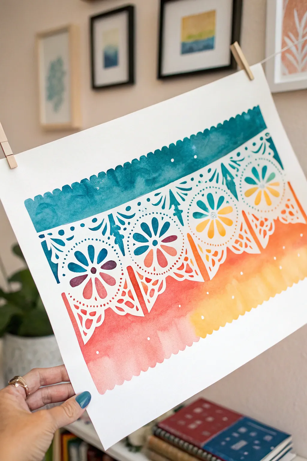 Paint layered papel picado banner border with bold colors on a warm minimalist wash