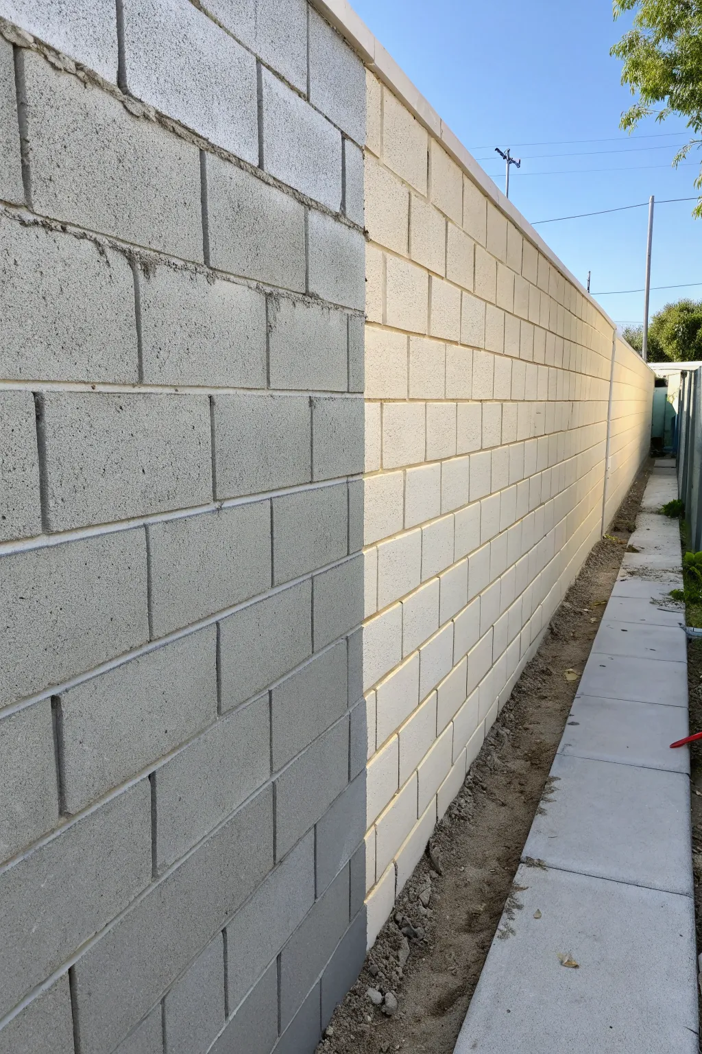 Before and after cinder block wall makeover in soft greige for a crisp minimalist outdoor look