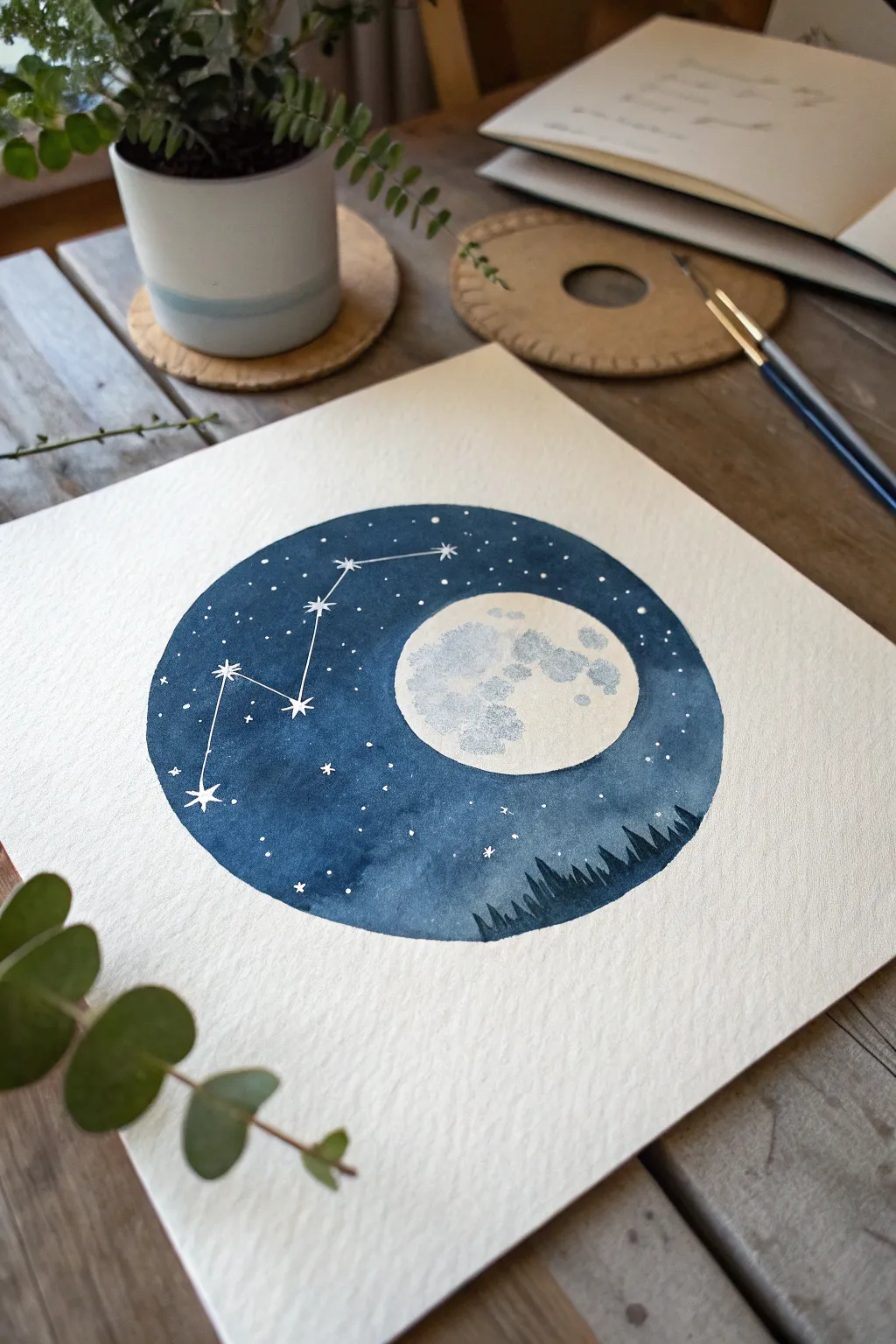 Minimalist moon and stars night sky inside a perfect circle, high contrast and handcrafted calm