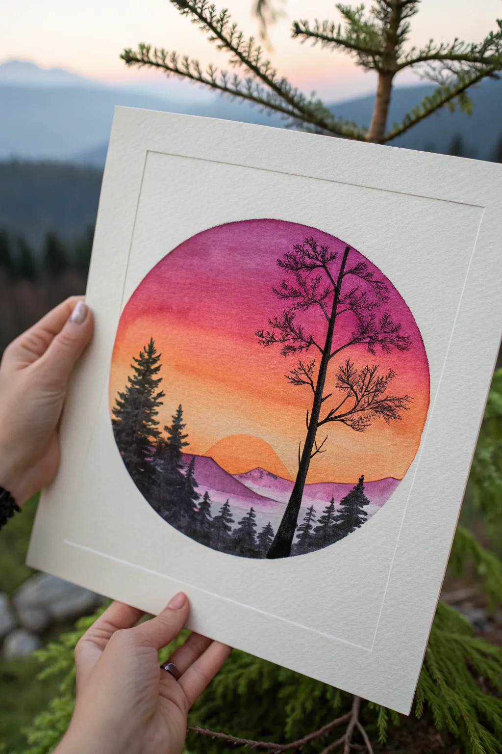 Minimal circle painting: sunset gradient sky with a crisp black tree silhouette