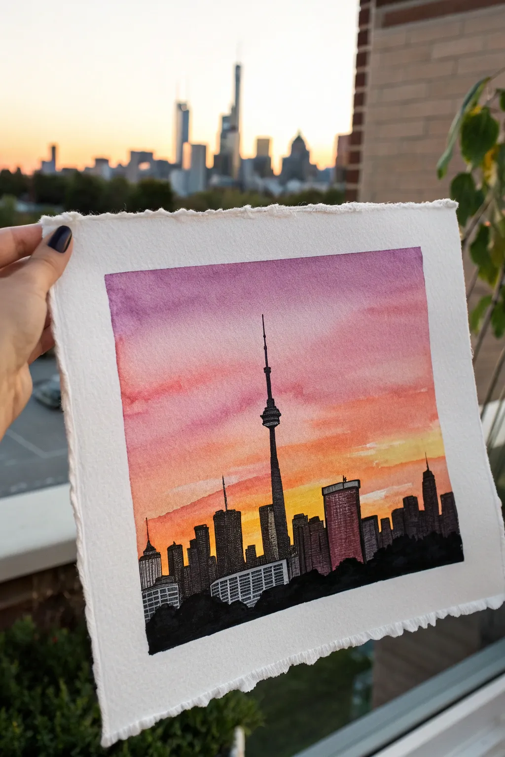 Minimal sunset gradient city skyline silhouette painting idea with bold contrast and calm vibes