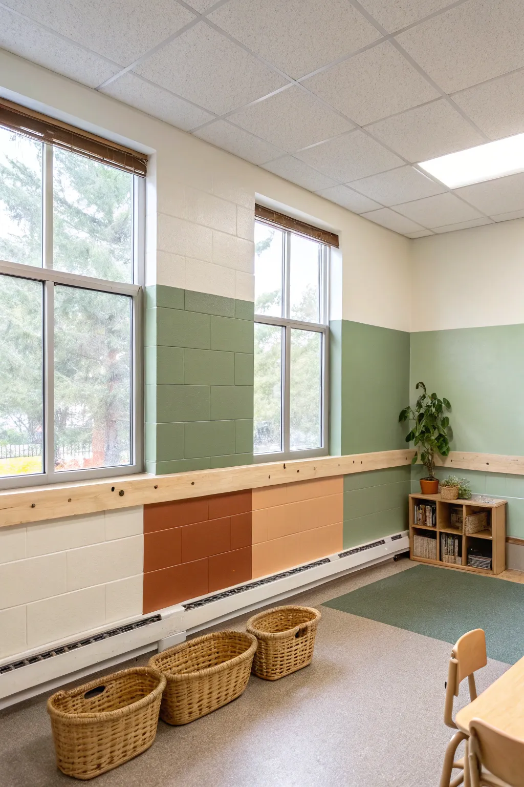 Color-blocked activity zones with crisp tape lines for a calm, organized classroom vibe
