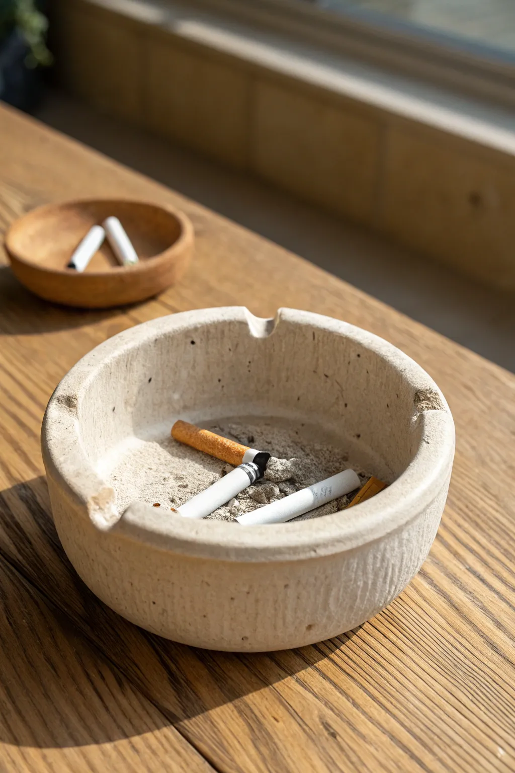 Classic pinch pot clay ashtray with smooth cigarette rests in calm, minimalist style