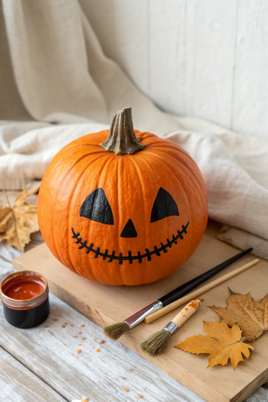Clean painted jack-o-lantern face on a no-carve pumpkin, minimalist and craft-friendly