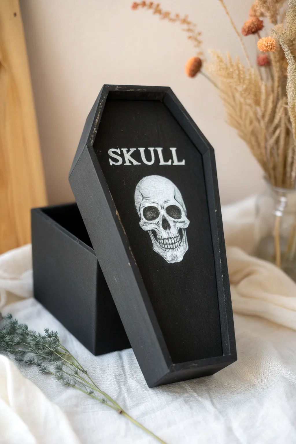 Matte black coffin box with a bold white skull, clean minimalist contrast for easy painting