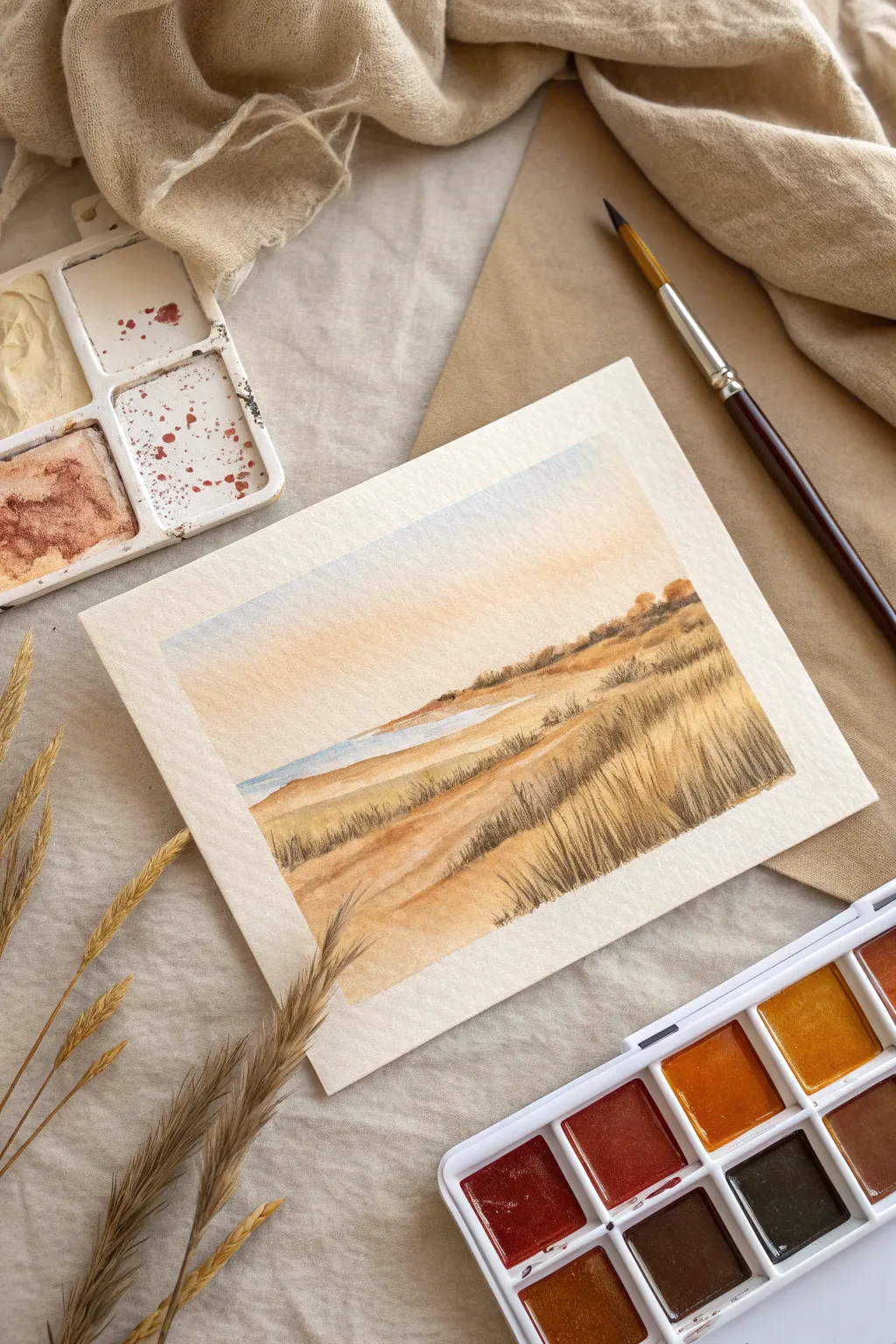 Warm earth-tone swatches with a tiny landscape study, cozy Scandinavian-boho palette inspiration