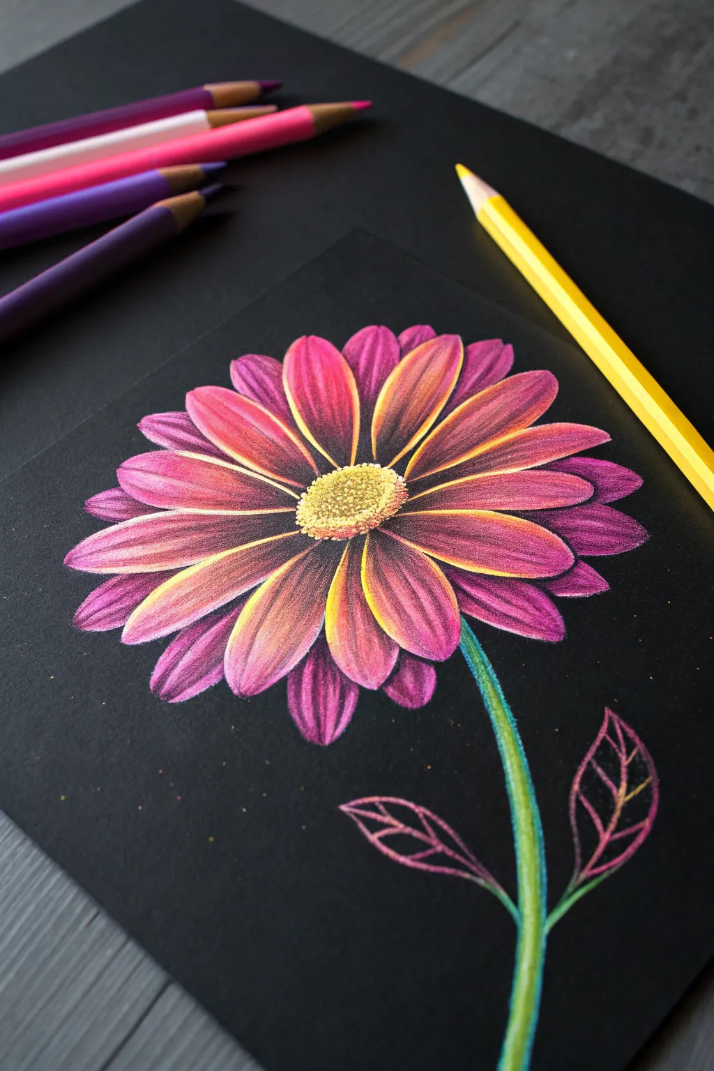 Neon daisy bloom in colored pencil on black paper with radiant highlights and soft glow