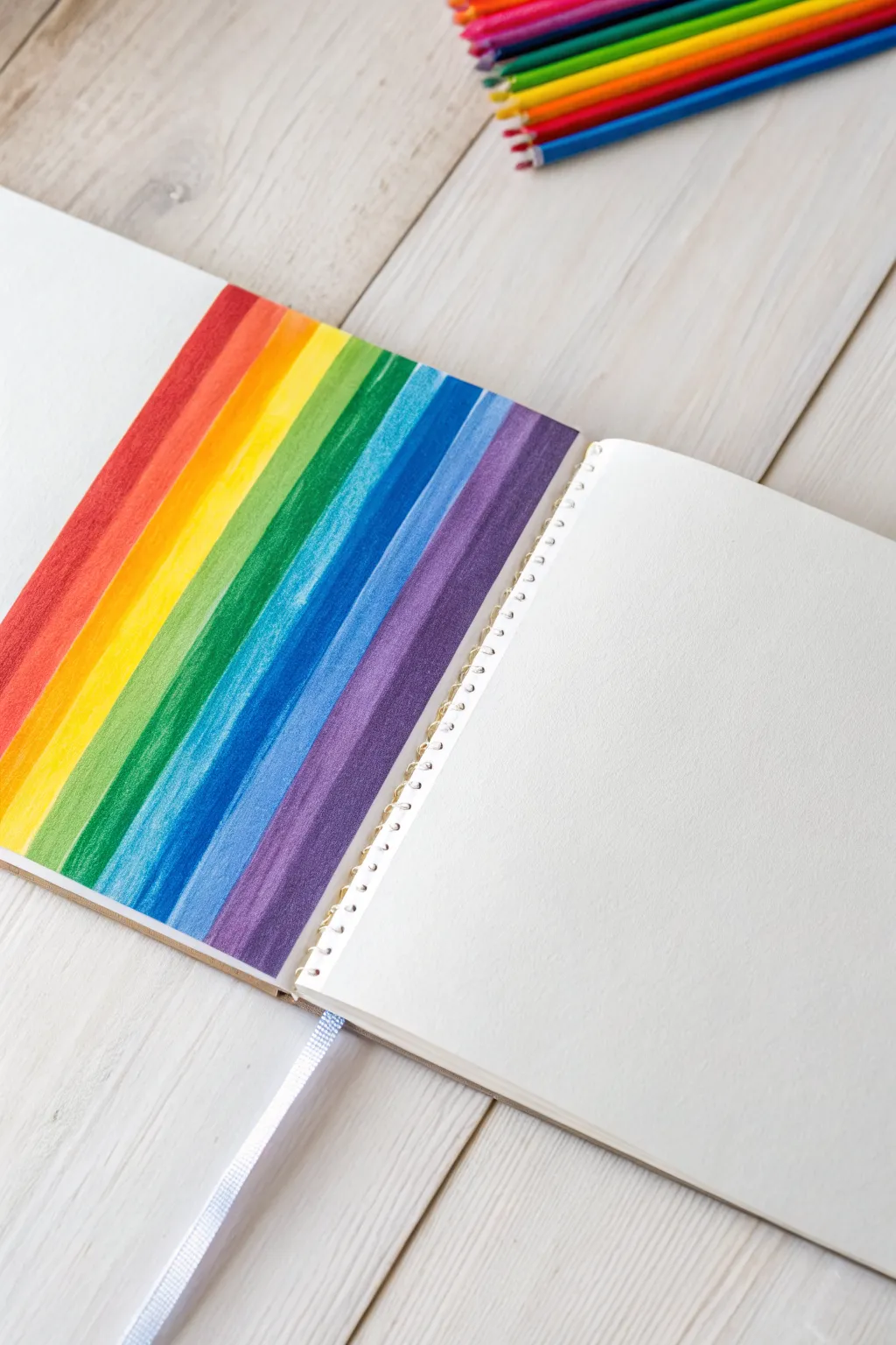 Easy rainbow gradient stripes on a clean sketchbook page for bright, minimalist color practice