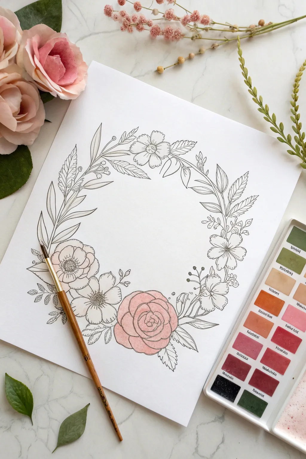 Soft pastel floral wreath coloring page with palette swatches, minimalist boho styling