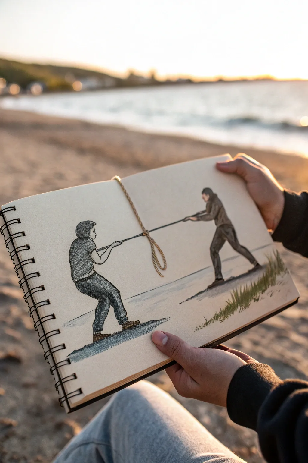 Minimal tug-of-war sketch: two figures, taut rope, earthy wash, conflict made visible.