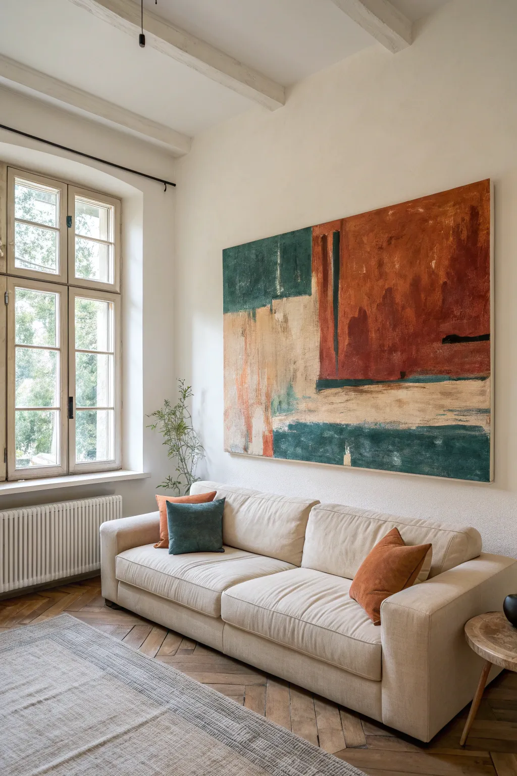 Oversized abstract canvas in soft neutrals with bold color pops for modern minimalist rooms