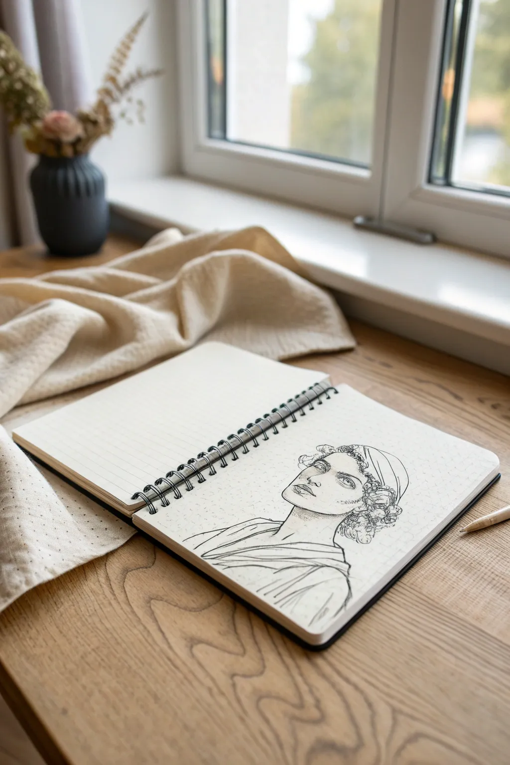 Blind contour portrait practice with one continuous wobbly line on clean paper and calm minimal styling