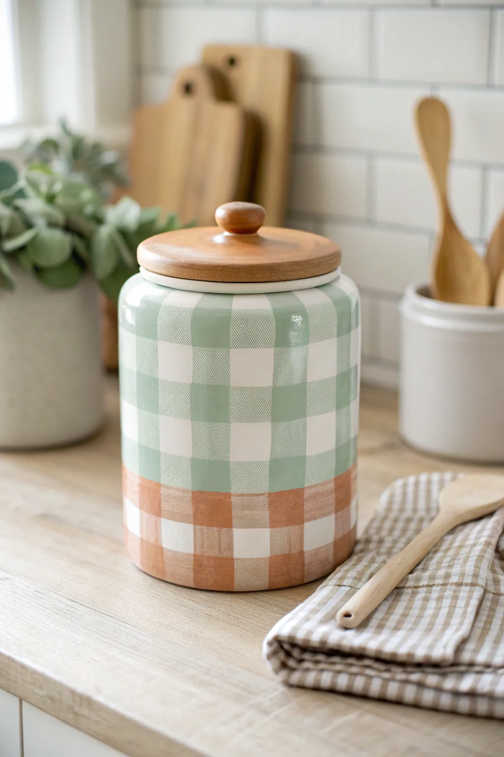 Classic gingham cookie jar still life in soft sage and terracotta for cozy minimalist kitchens