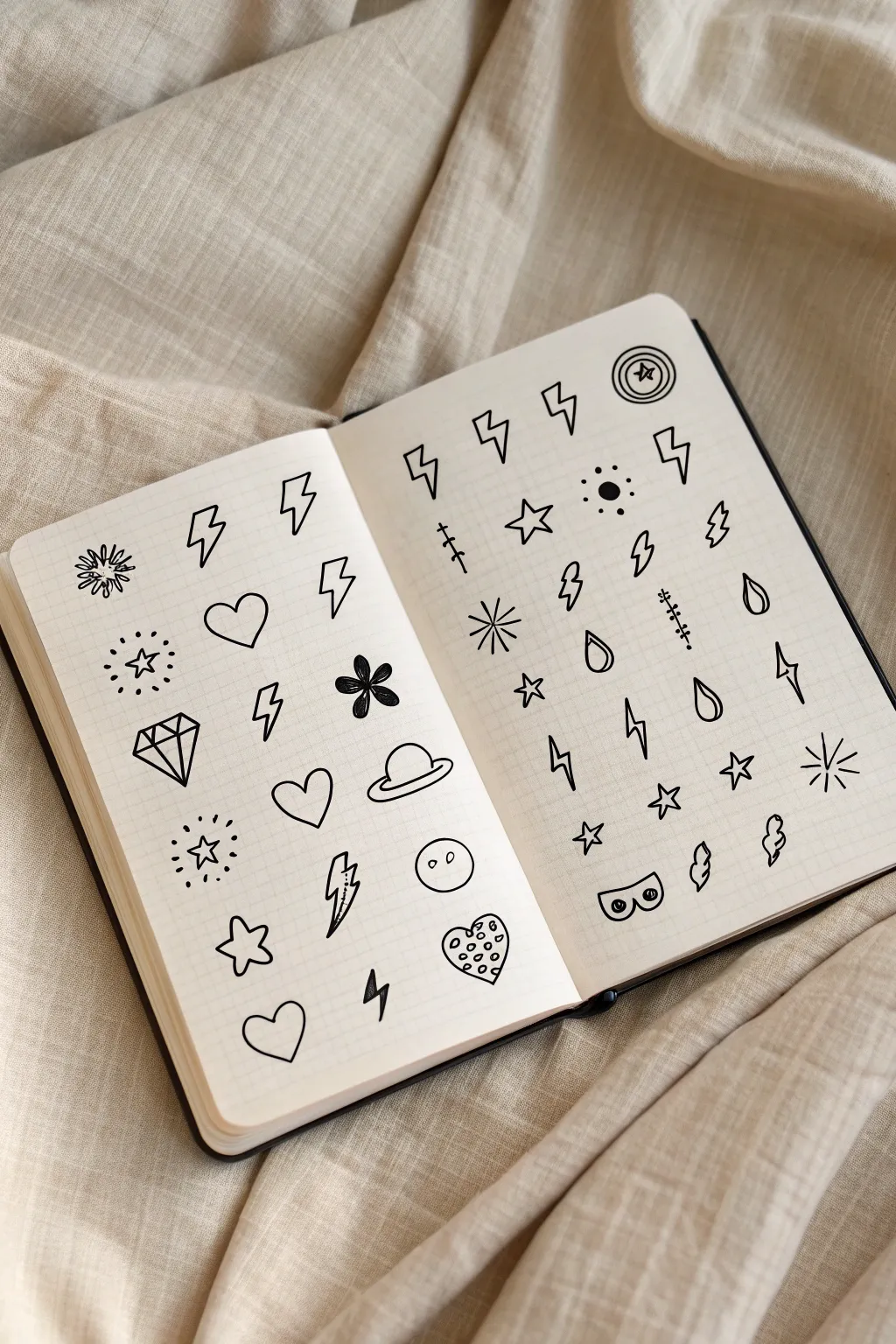 Neat bold doodle icons on a clean sketchbook page for cool, easy notebook decoration