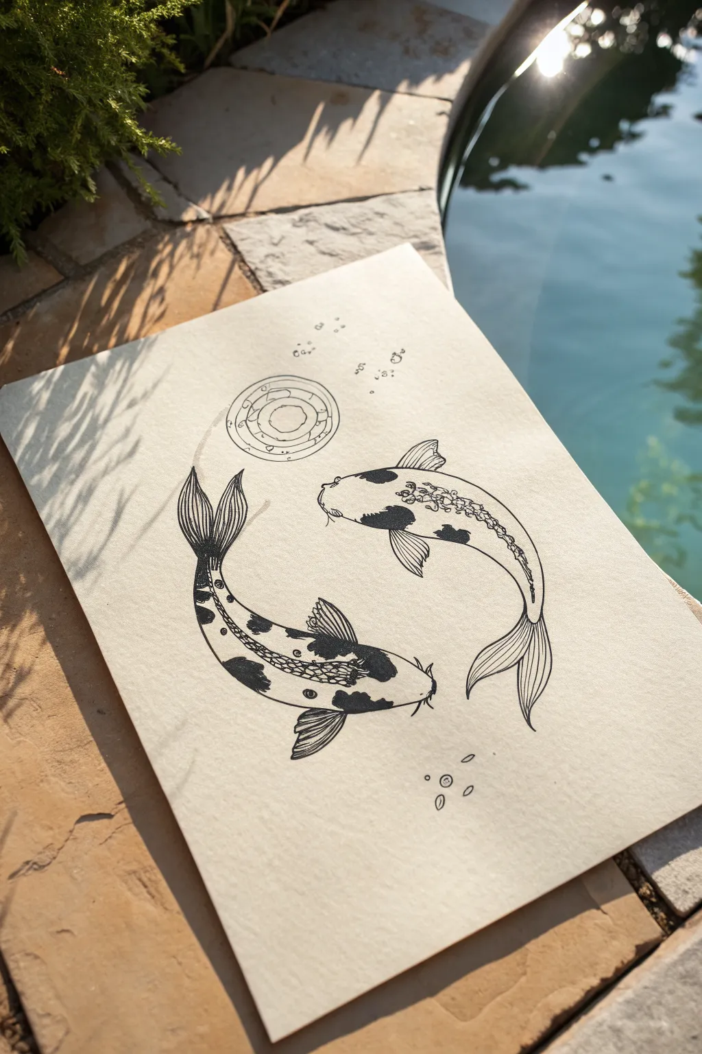 Calm S-curve koi ink sketch with simple ripples, perfect for a minimalist fish drawing idea.