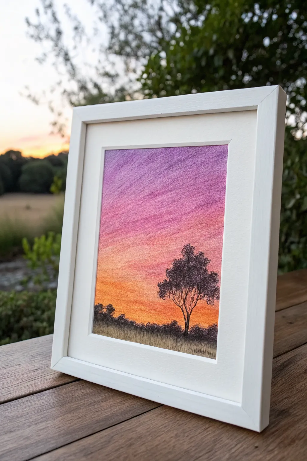 Make this ombre oil pastel sunset: pink to orange to deep purple with a crisp black treeline.