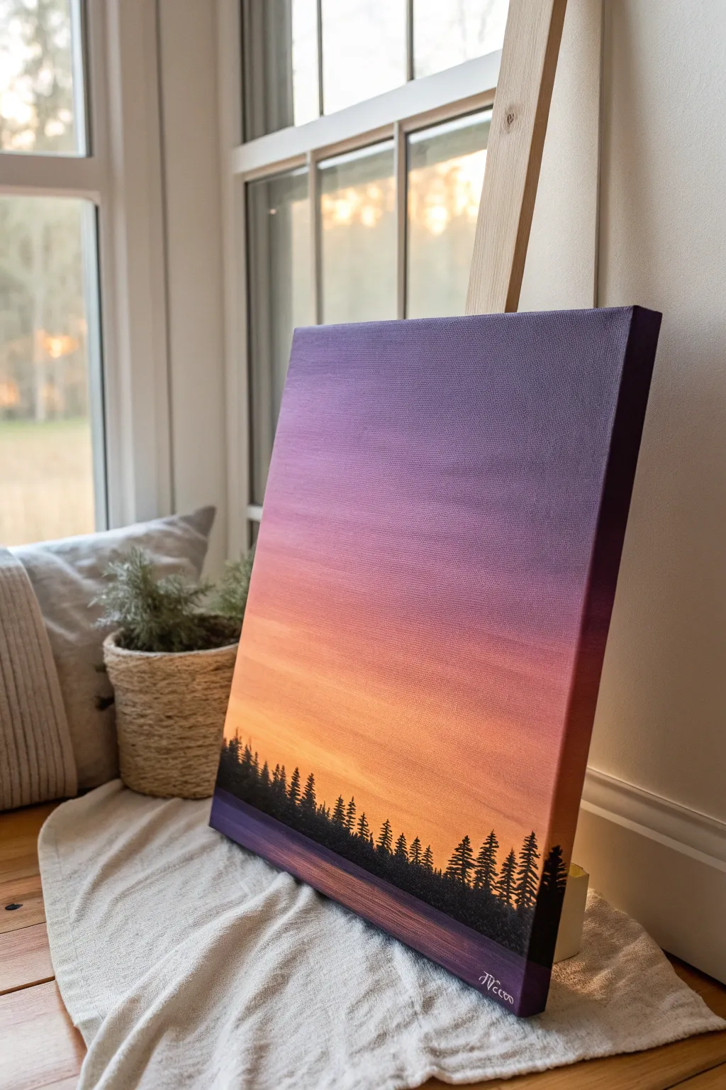 Paint a dreamy sunset gradient and finish with a bold black silhouette for instant drama.