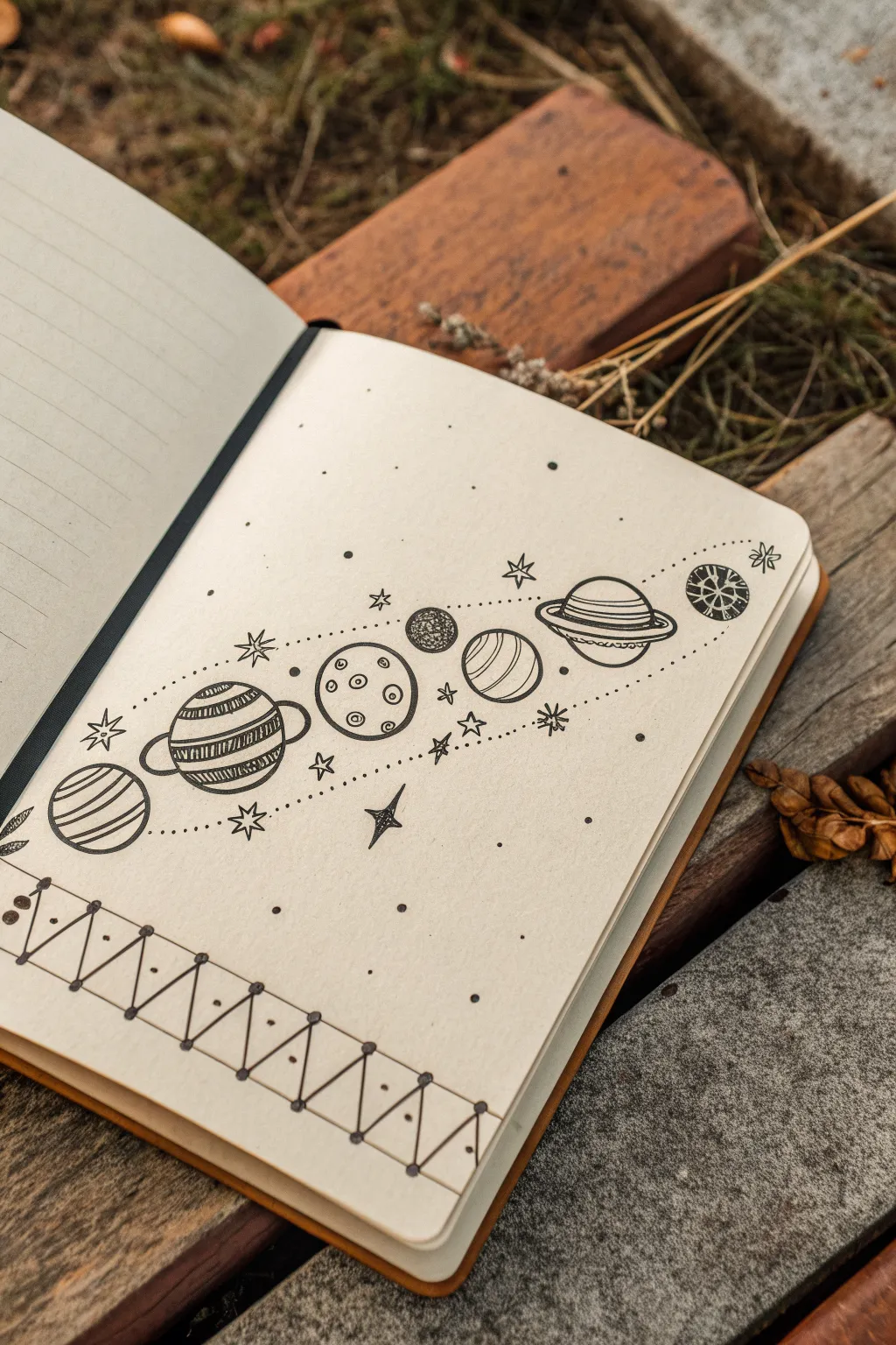 Simple solar system lineup to copy: minimalist planets and tiny stars in a tidy row